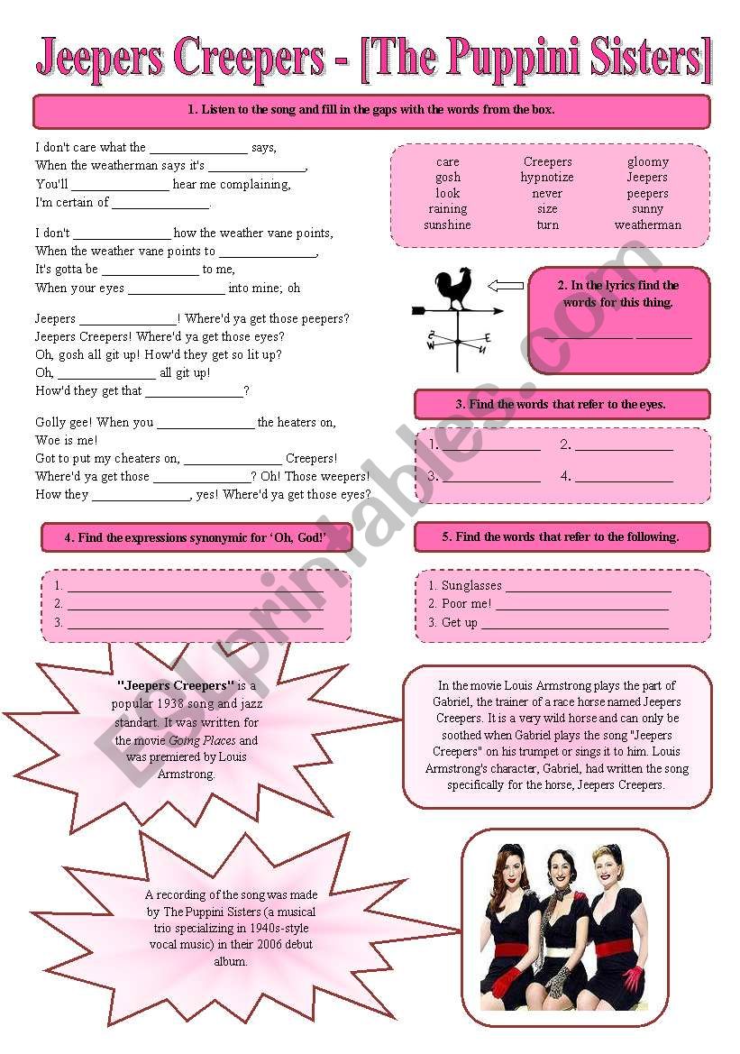 SONG!!! Jeepers Creepers [The Puppini Sisters] + worksheet on rhyming expressions - Printer-friendly version included